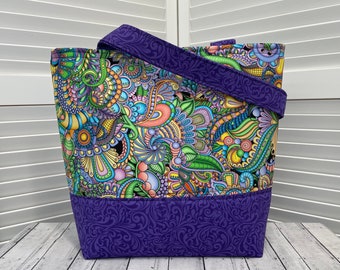 Floral Tote Bag Rainbow Tote Bag Pastel Paisley Shoulder Bag Purple Flower Purse Ready To Ship