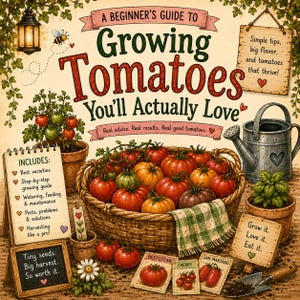 May include: A beginner's guide to growing tomatoes. The image features a basket of ripe tomatoes, seed packets, and a watering can. Text includes "You'll Actually Love" and "Real advice. Real results. Real good tomatoes."