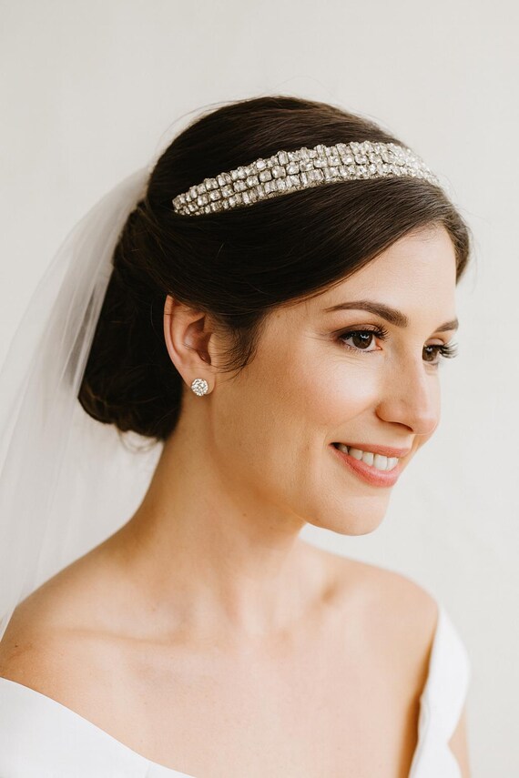 Baguette Rhinestone Satin Headband | Silver Beaded Bridal  display picture 1