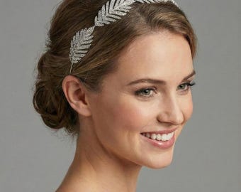 Crystal Leaf Headband: Silver Bridal Headpiece, Bohemian 
