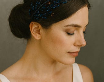 Blue & Gold Beaded Flower Headband: Royal Boho Headwear - Etsy display picture 1