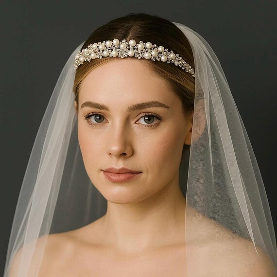 Vintage Silver Pearl & Crystal Bridal Tiara Headband Vintage Silver Plated Bridal Tiara: Swarovski Pearl  main image 4