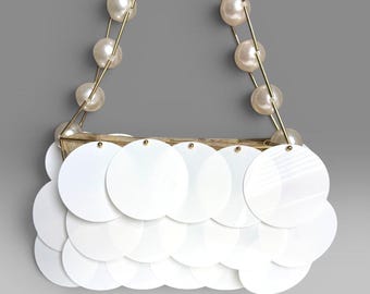 Sequin Statement Handbag, Pearl Accent Evening Bag, Sequin Discs Purse, Elegant Wedding Guest Clutch