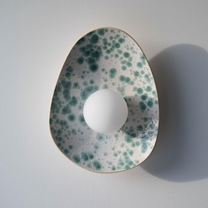 Handmade Ceramic Wall Sconce – White with Soft Green Speckled Glaze, Glossy Wall Light Lamp