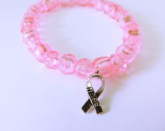 Roze Breast Cancer Awareness-armband met Hope Ribbon-bedel (middelgrote kralen), polssieraden, Breast Cancer Awareness Month, kralen, rekbaar