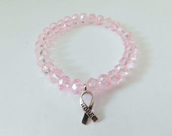 Lichtroze Breast Cancer Awareness-armband met hoop lintbedel, polssieraden, Breast Cancer Awareness Month, kralen, rekbare armband