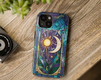 Funda de teléfono con vitrales celestiales, luna y estrellas, luna y sol para iPhone 16, 15, 14 Pro Max, 8 Plus, X, Samsung Galaxy S24 Ultra y más.