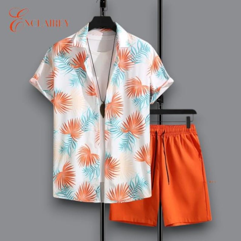 Palm Tree Print Shirt  & Drawstring Shorts Sets