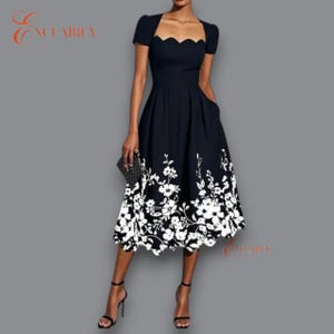 Enclairey Floral Midi Dress Ladies Square Neck Puff Sleeve Summer Fit & Flare 2025 Elegant Black Party Dress