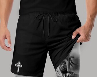 Faith Over Fear Shorts, Lion Jesus Gym Shorts for Men, Christian Apparel, Bible Verse Clothing, Faith-Based Fitness Gift for Him