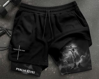 Faith Over Fear Shorts, Christian Athletic Shorts, Bible Verse Apparel, Fall for Jesus, Lion Jesus Gym Gifts for Him