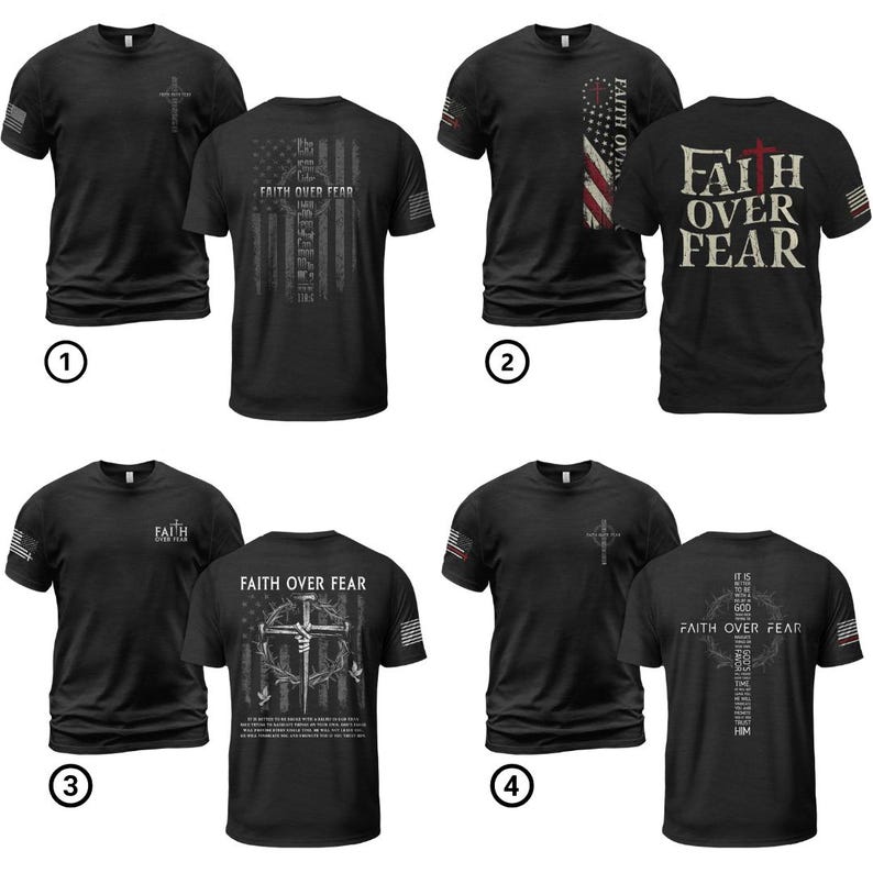 May include: Black t-shirts with various designs. One features a cross, another an American flag with "Faith Over Fear," and others with similar religious themes. Each shirt has a small American flag on the sleeve.