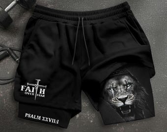 Faith Over Fear Shorts, Christian Shorts Men, Bible Verse Activewear, Religious Gift, Lion Jesus Gym Gifts for Him