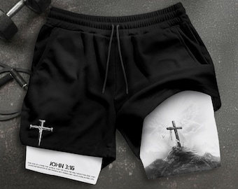Christian Shorts Men, John 3:16 Jesus Shorts, Christian Bible Verse, Religious Gym Gifts for Him, Men's Gym & Sport Shorts with Pockets