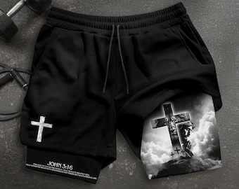 John 3:16 Short, Jesus Shorts, Cross Short, Christian Shorts For Men, Men's Gym & Sport Shorts with Pockets, Bible Verse Activewear