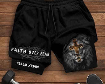 Glaube über Angst Shorts, christliche Shorts für Männer, Jesus kurz, Kreuz kurz, Herren Gym & Sport Shorts mit Taschen, Bibel Vers Activewear