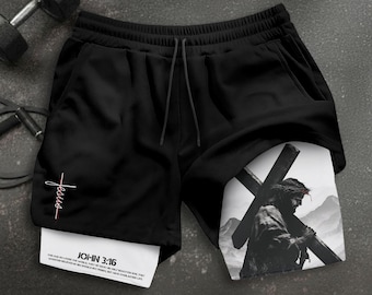Christliche Shorts Männer, Johannes 3:16 Jesus Shorts, christlicher Bibelvers, religiöse Turngeschenke für ihn, Herren-Fitnessstudio & Sportshorts mit Taschen