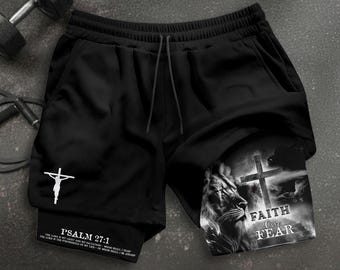 Glaube über Angst Shorts, christliche Shorts für Männer, Jesus kurz, Kreuz kurz, Herren Gym & Sport Shorts mit Taschen, Bibel Vers Activewear