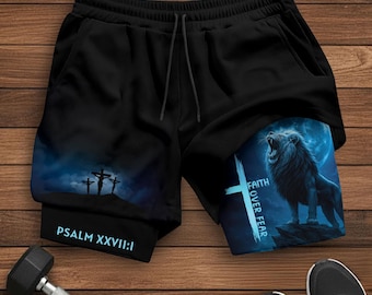 Faith Over Fear Shorts, Lion Jesus Gym Shorts for Men, Christian Apparel, Bible Verse Clothing, Faith-Based Fitness Gift for Him