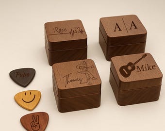 Caja de púas de guitarra de madera personalizada, estuche de púas de guitarra de madera personalizado con soporte, caja de púas de guitarra, regalo de Navidad para guitarristas y músicos.