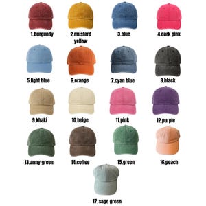 May include: A collection of seventeen baseball caps in various colors, including burgundy, mustard yellow, blue, dark pink, light blue, orange, cyan blue, black, khaki, beige, pink, purple, army green, coffee, green, peach, and sage green.