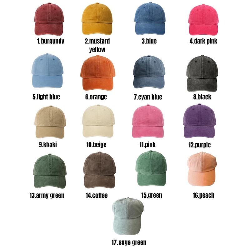 May include: A collection of seventeen baseball caps in various colors, including burgundy, mustard yellow, blue, dark pink, light blue, orange, cyan blue, black, khaki, beige, pink, purple, army green, coffee, green, peach, and sage green.