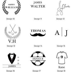 May include: A collection of 18 different designs for personalized gifts. The designs include a laurel wreath, a name with a mustache, a soccer ball, a guitar, a golf club, a tuxedo, and a jersey.