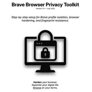 以下が含まれることがあります： Brave Browser Privacy Toolkitの白黒グラフィック。パソコンのモニターと南京錠のアイコン、そして「ブラウザを強化する。デジタルライフを分離する。あなたの条件で閲覧する」というテキストが表示されています。