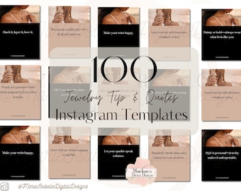 May include: A collection of 100 Instagram templates with jewelry tips and quotes. The templates feature a woman wearing jewelry, with text overlays on black and beige backgrounds. The text includes phrases like "Stack it, layer it, love it."