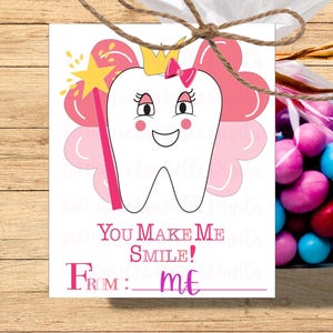 Cartão de intercâmbio de estudantes da Fada do Dente para impressão, download instantâneo, etiquetas de presente de Dia dos Namorados, cartões de presente, cartões de Dia dos Namorados prontos para imprimir, dente, odontológico, crianças