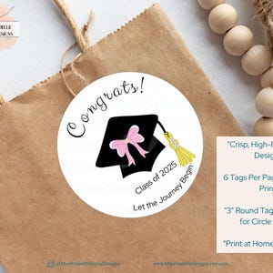 Graduation Circle Tags 3 "inch Pink Bow Cap Printable Danke & Glückwünsche Tags Class of 2025 Party Favor Tags Digitaler Download DIY