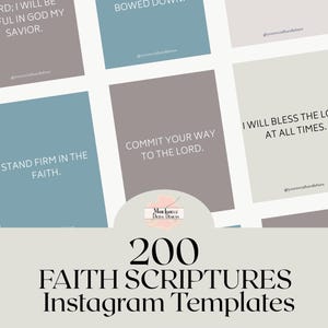 以下が含まれることがあります： 宗教的な聖句が書かれたInstagramテンプレートの画像。テンプレートはグレー、ブルー、ホワイトの色合いで、それぞれ異なる聖句が書かれています。画像には「200 Faith Scriptures Instagram Templates」というテキストが含まれています。