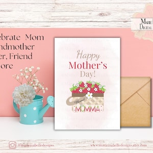 Hermosa tarjeta sencilla para el Día de la Madre con forma de canasta de fresas, de 5 x 7 pulgadas, para imprimir y descargar al instante. Un lindo regalo para el Día de la Madre para mamá y abuela. Hazlo tú mismo.