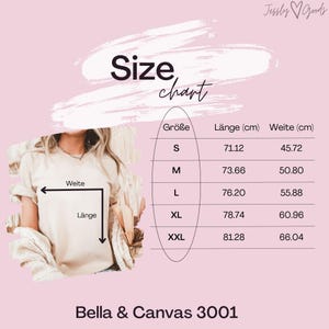 May include: Size chart for Bella + Canvas 3001 t-shirts, showing measurements in centimeters for width and length in sizes S, M, L, XL, and XXL.