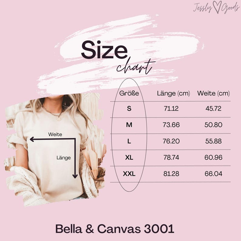 May include: Size chart for Bella + Canvas 3001 t-shirts, showing measurements in centimeters for width and length in sizes S, M, L, XL, and XXL.