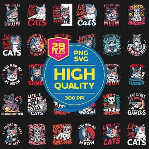 バンドル28猫好きペットオーナーSVG Tシャツデジタルデザイン、アメリカ国旗アメリカ生まれながらの素晴らしい人、ゲーマーニャークロー、犬の足跡シャツPNG、オーナーライフ