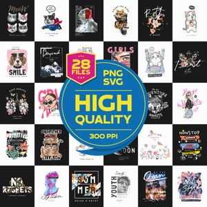 Pacote com 28 camisetas urbanas de super-heróis Pug e amantes de gatos, design digital, moda urbana retrô com estampa de chefe de garota descolada e atrevida, PNG, camiseta de poodle com sorriso de boba para animais de estimação