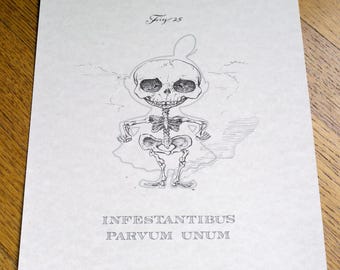 Infestantibus Parvum Unum (LM) 8 x 10 inch anatomische cartoon skeletafdruk (Latijn)