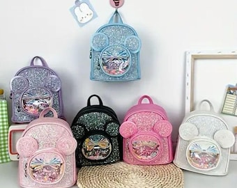 Mochila con purpurina de Minnie Mouse, inspirada en Disney, bolsa de viaje para niños