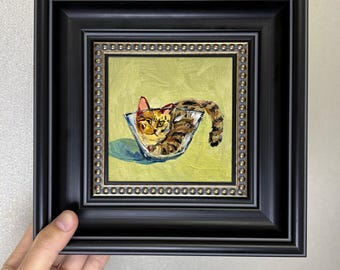 Tabby Cat in Bowl Oil Painting - Whimsical Cat Art, Funny Pet Decor, Cat Lover Artwork