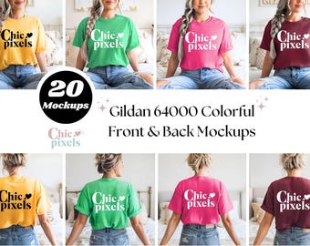Maqueta de camiseta Gildan 64000 con parte delantera y trasera, maqueta de camiseta G640 con parte delantera y trasera, maqueta de camiseta de tienda nueva, maquetas de camisetas coloridas