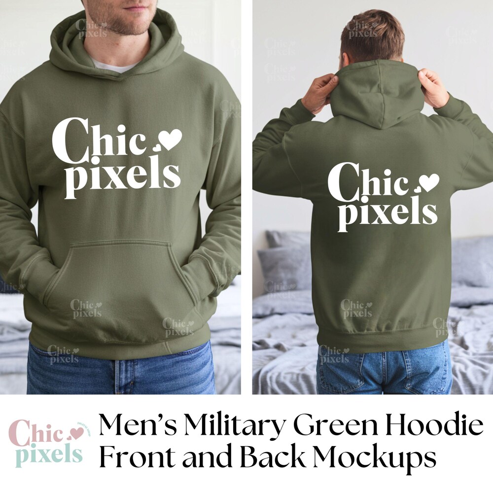 Men'S Gildan 18500 Military Green Hoodie Front & Back Mockup Bundle G185 Green Hooded Sweatshirt Back Mockup, Front And Back Male Mockups Teesummer
