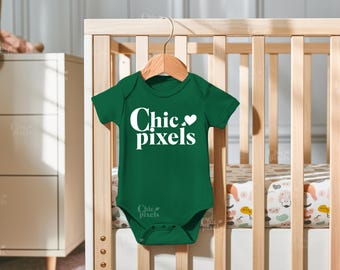 Green Hanging Baby Bodysuit Mockup Baby Onesie Mockup on a Hanger Dark Green Bodysuit for Bella Canvas 100b & Rabbit Skins 4410