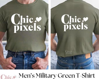 Maqueta de camiseta verde militar Gildan 64000 para hombre (parte delantera y trasera) Maqueta de camiseta verde militar G640 (parte trasera) Maqueta de camiseta para hombre (parte delantera y trasera)