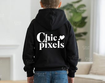 Maqueta de sudadera con capucha negra para niño Gildan 18500B (parte trasera), sudadera negra G185B (parte trasera), maqueta de sudadera con capucha para niño Gildan (modelo de maqueta)