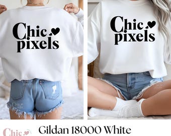 Maqueta de sudadera blanca Gildan 18000 con parte delantera y trasera, maqueta de sudadera blanca G180 con parte trasera, maquetas delanteras y traseras, paquete de suéter blanco