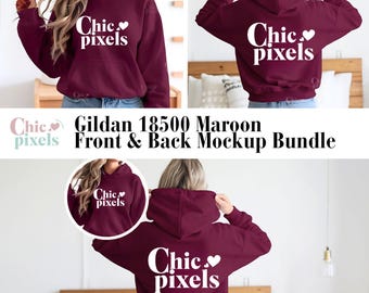 Maqueta de sudadera con capucha granate Gildan 18500 delantera y trasera, maqueta dividida de sudadera con capucha granate G185, paquete de maquetas de modelos de sudaderas Gildan, moda