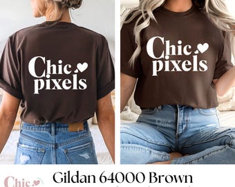 Maqueta de camiseta Gildan 64000 de chocolate oscuro con parte delantera y trasera, maqueta de camiseta G640 de color marrón oscuro con parte trasera, maqueta de camiseta Gildan de color marrón con parte delantera y trasera