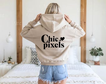 Maqueta de sudadera con capucha Gildan 18500 en color arena, parte trasera de sudadera con capucha G185 en color arena, maqueta de sudadera con capucha Gildan en color tostado, parte trasera, maqueta de modelo, maqueta de moda