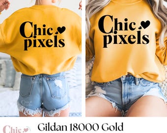 Maqueta de sudadera dorada Gildan 18000 con parte delantera y trasera, maqueta de sudadera dorada G180 con parte trasera, maquetas delanteras y traseras de suéter amarillo dorado